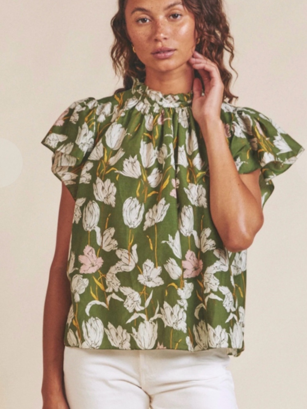 Trovata Olive Floral Ruffle-Sleeve Blouse with White and Pink Blooms